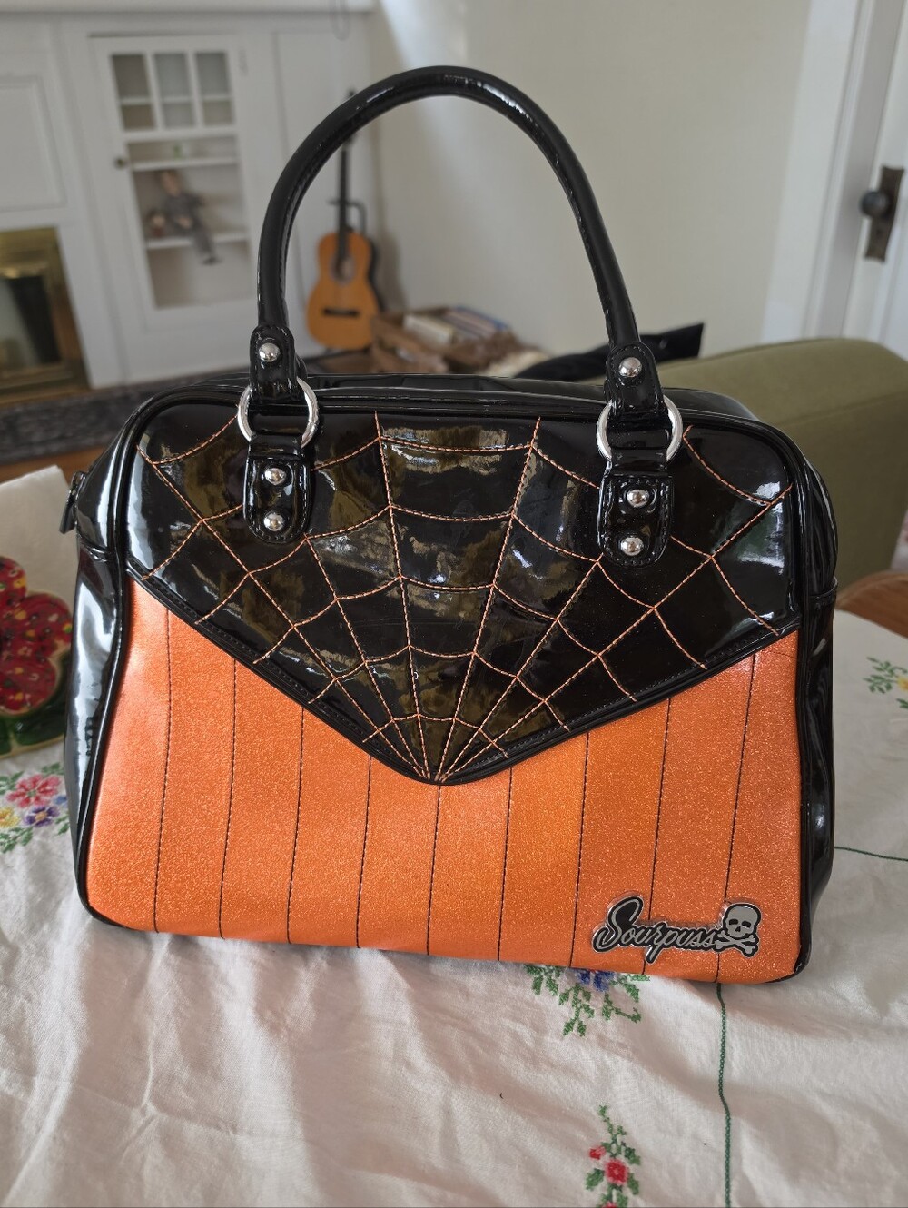 Sourpuss Orange & Black Spiderweb Satchel Handbag